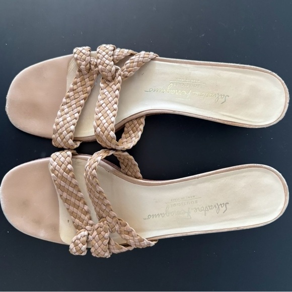 Salvatore Ferragamo Leather Braided Open Toe Heel Sandal Size in Photo Cream - Picture 1 of 8